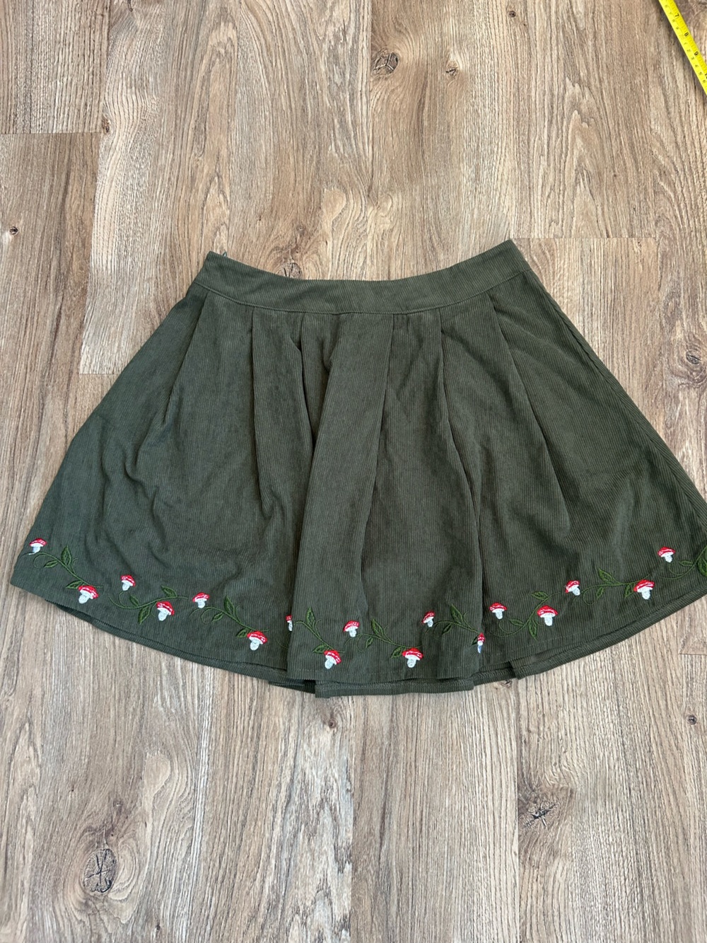Olive Green Floral Embroidered A-Line Skirt